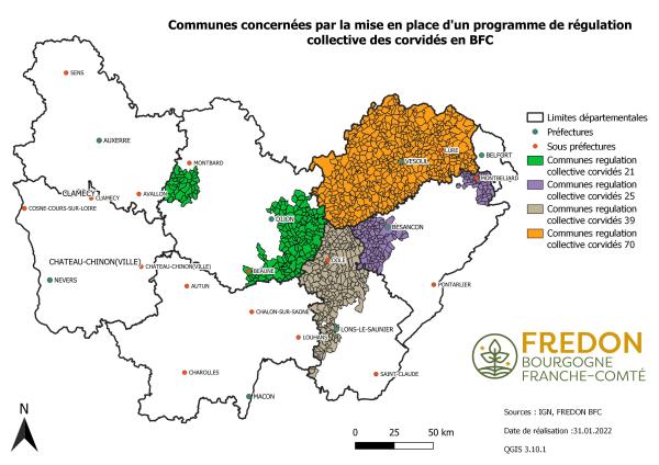 "Carte des communes BFC concernées par un programme de régulation collective des corvidés"