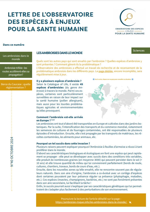 Image représentant la première lettre de l'observatoire des espèces à enjeux pour la santé humaine